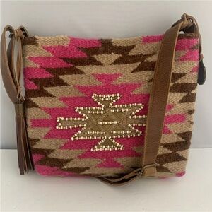 CATCHFLY Handwoven Rug Leather Boho Crossbody EUC